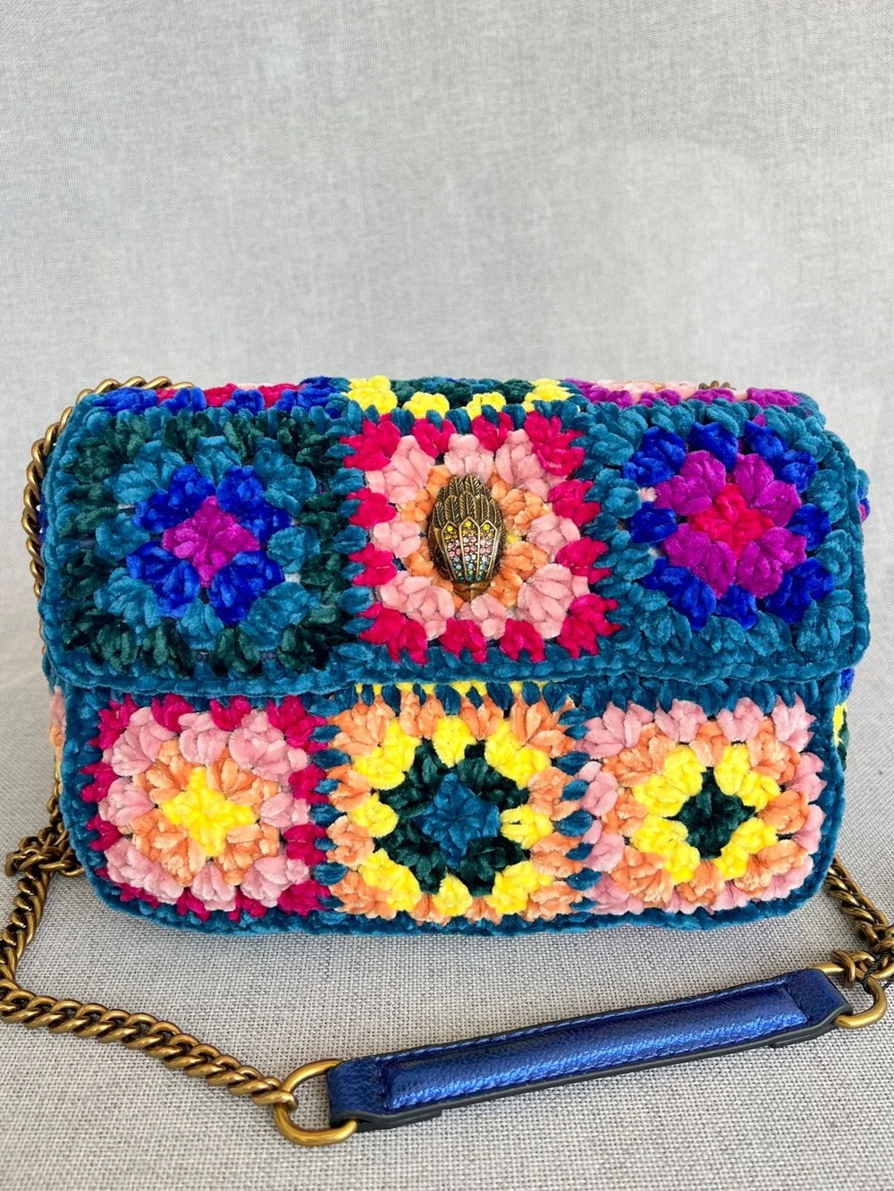Kurt Geiger Boho Chenille Crochet Patchwork crossbody bag teal, pink yellow blue